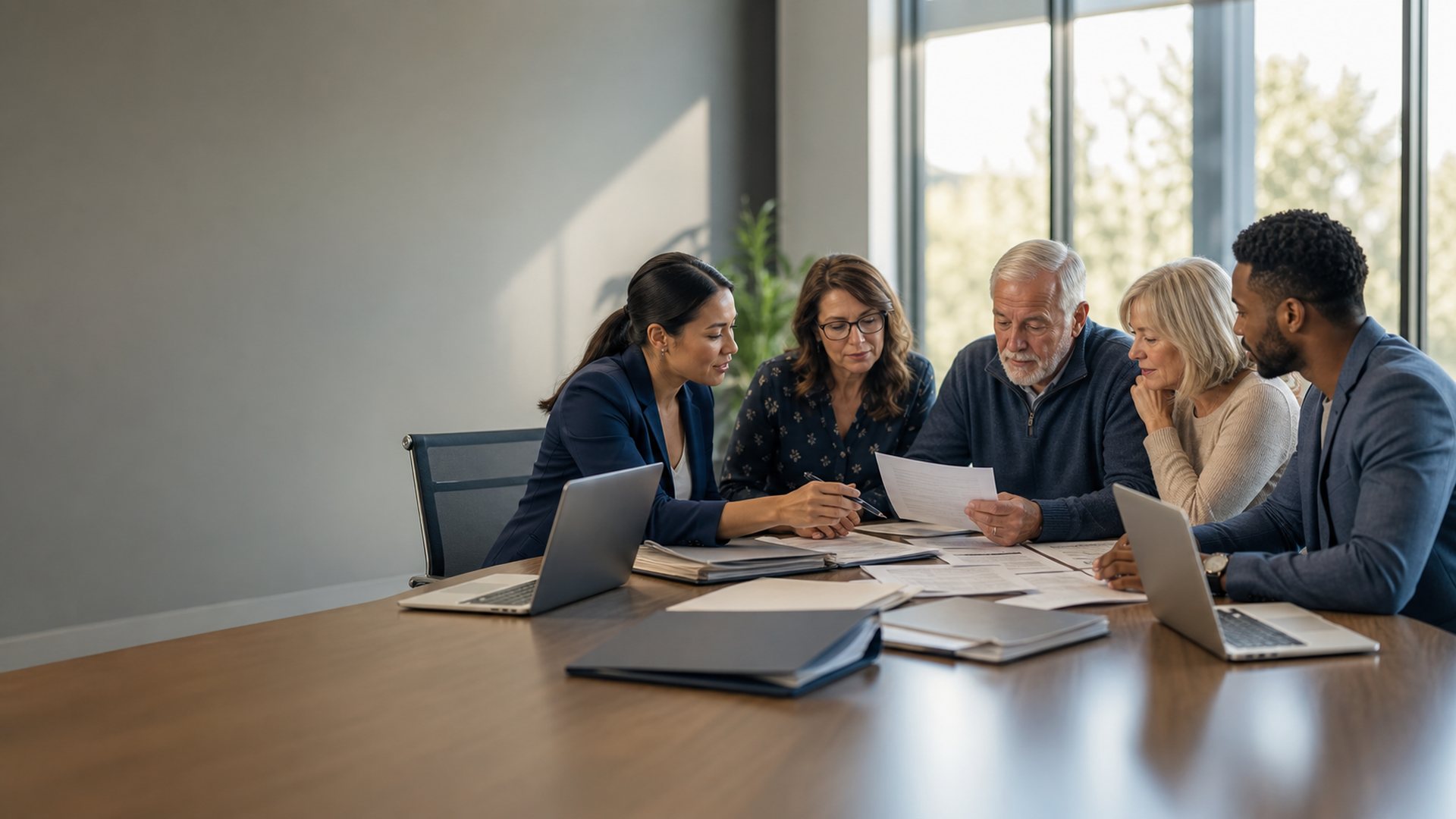 An accredited claims team reviewing a veteran's service records and claim file together at a conference table