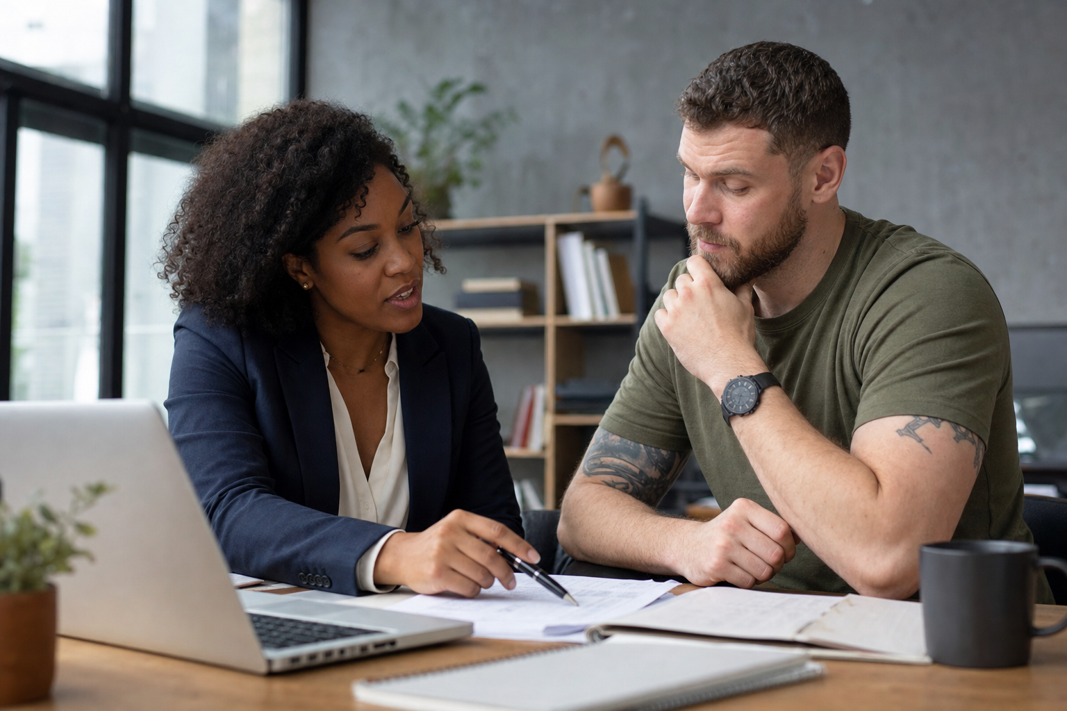 A VA-accredited advocate and a veteran mapping out a toxic exposure claim strategy together