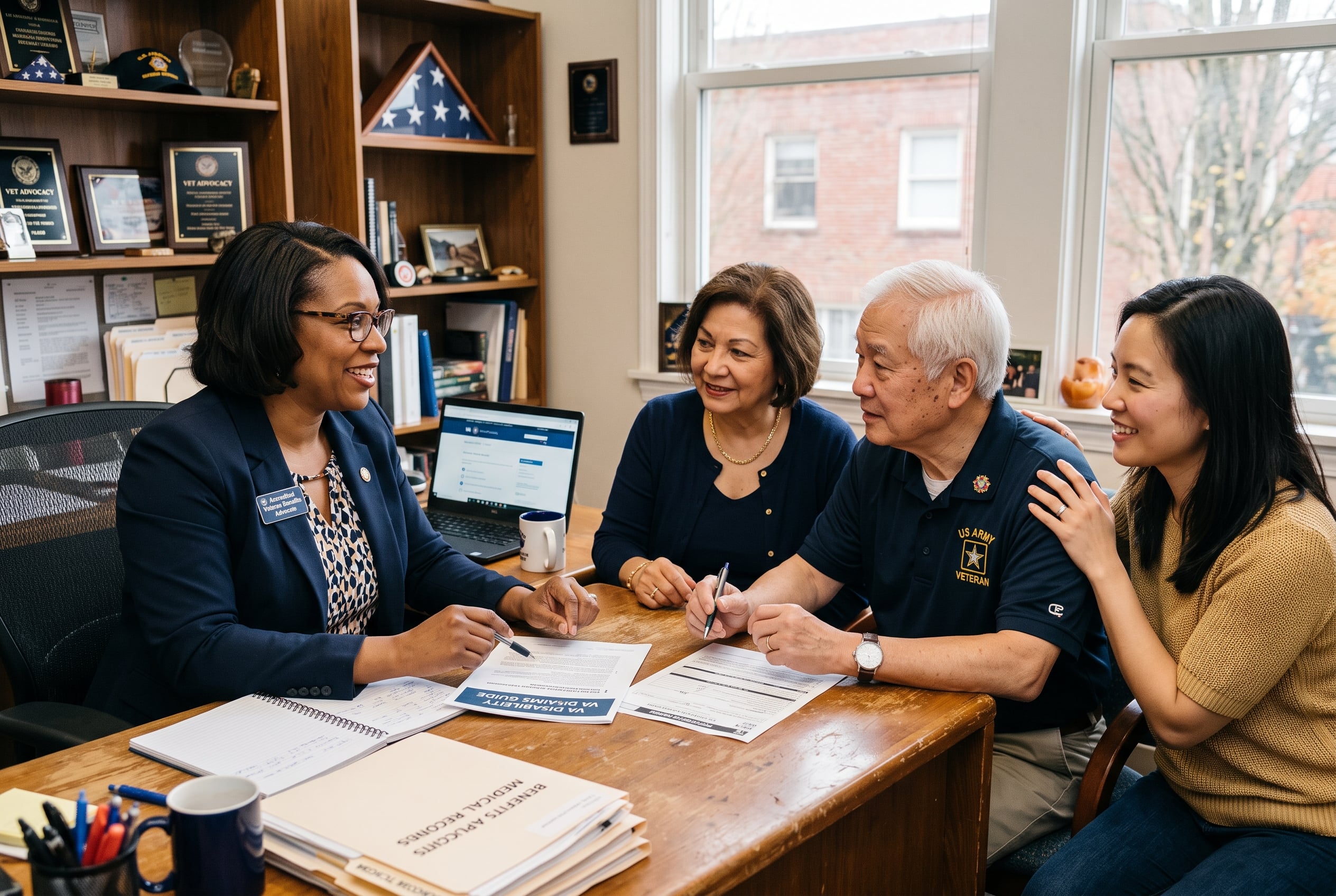 Accredited agent walking a veteran through the claim process in plain language at a table