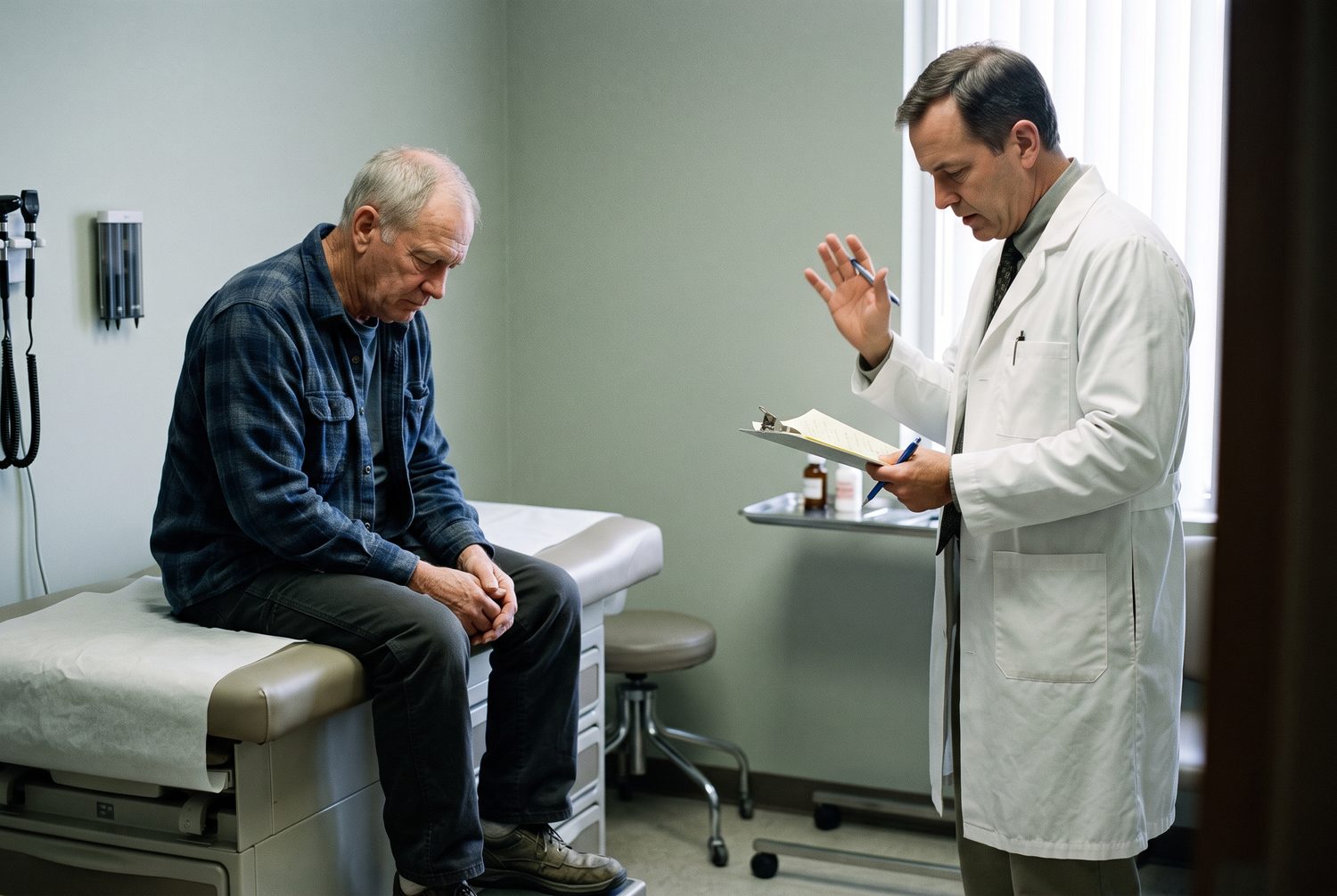 An older veteran in a clinic being told his symptoms are simply a normal part of aging