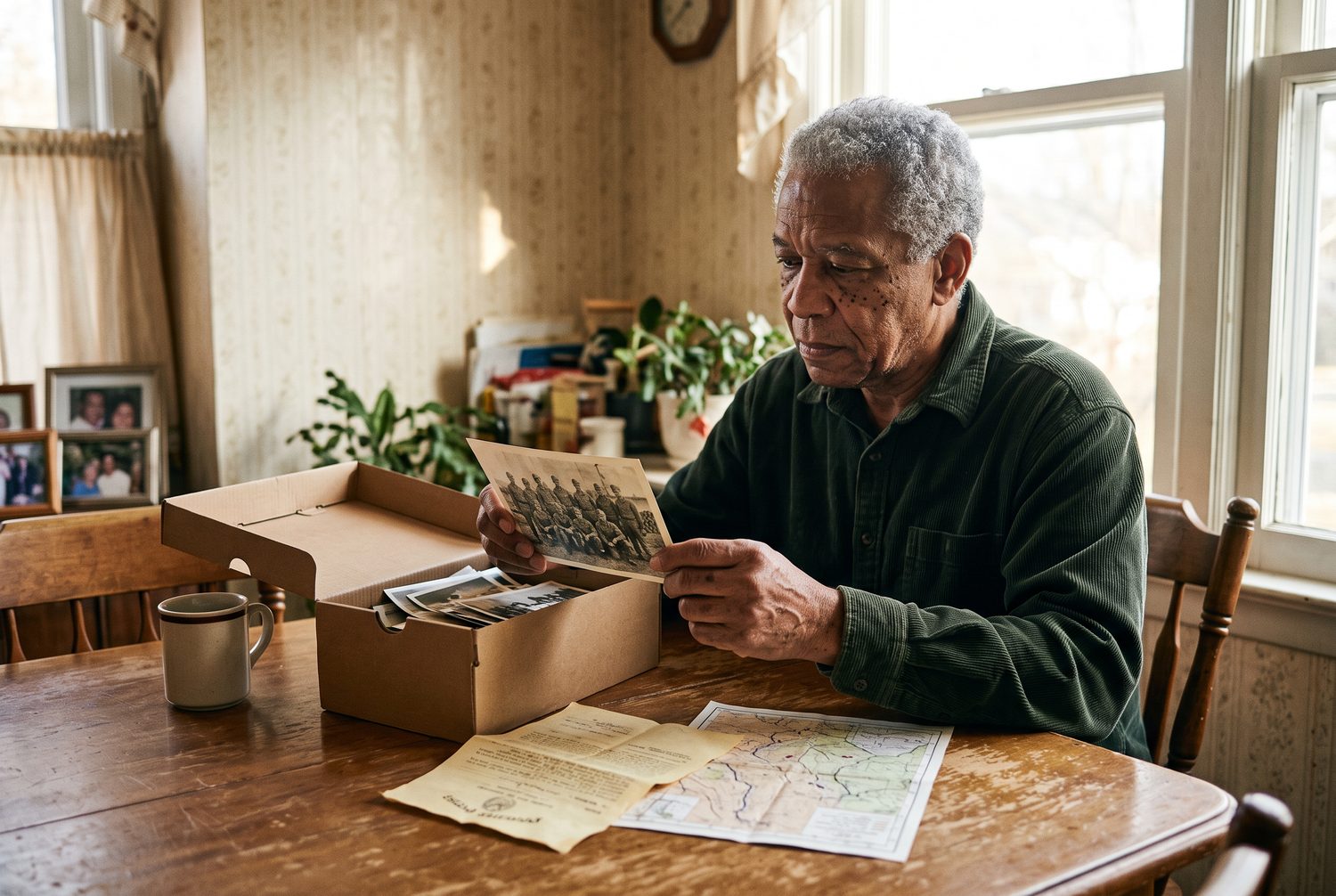 An aging veteran at his kitchen table with old service photographs, his discharge paper and a base map, rebuilding where he served