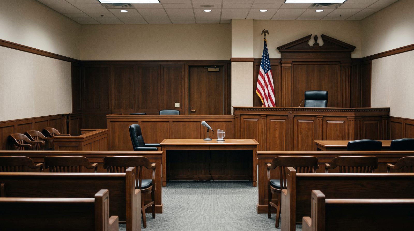 An empty formal federal hearing room with a raised bench and a witness table, of the kind used for veterans appeals hearings