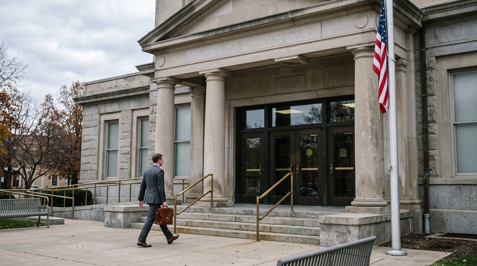 The entrance of a modest federal courthouse building of the kind that hears appeals of veterans benefits decisions