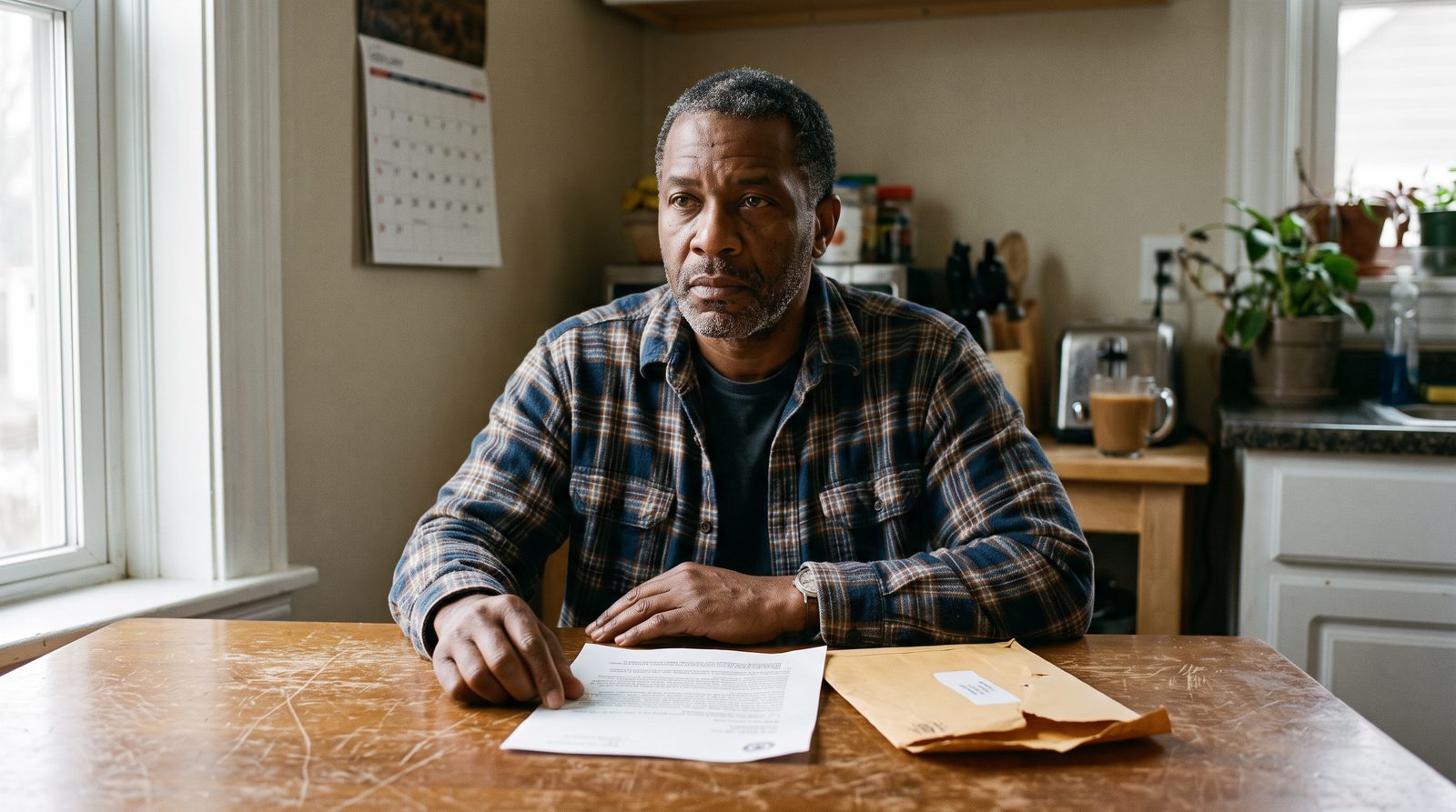 A veteran at his kitchen table with an opened VA decision letter in front of him
