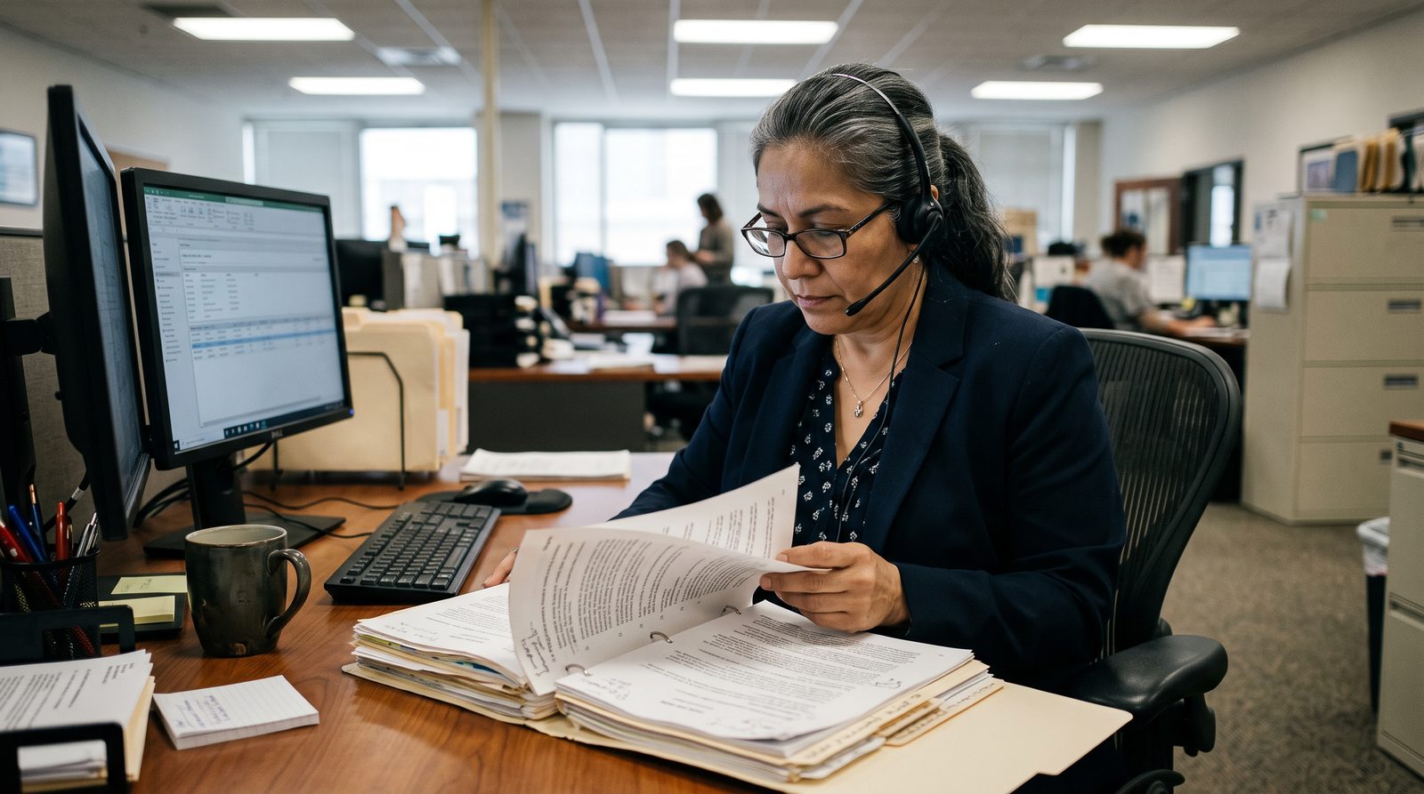 A senior VA reviewer at a desk with a headset re-reading the same claim file with no new evidence added