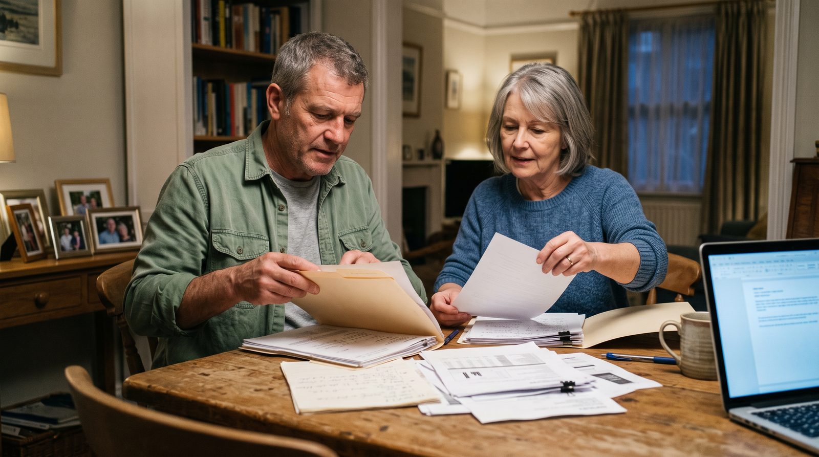 A veteran and his wife at a dining table assembling new evidence for a supplemental claim, including base records, buddy statements and a physician letter