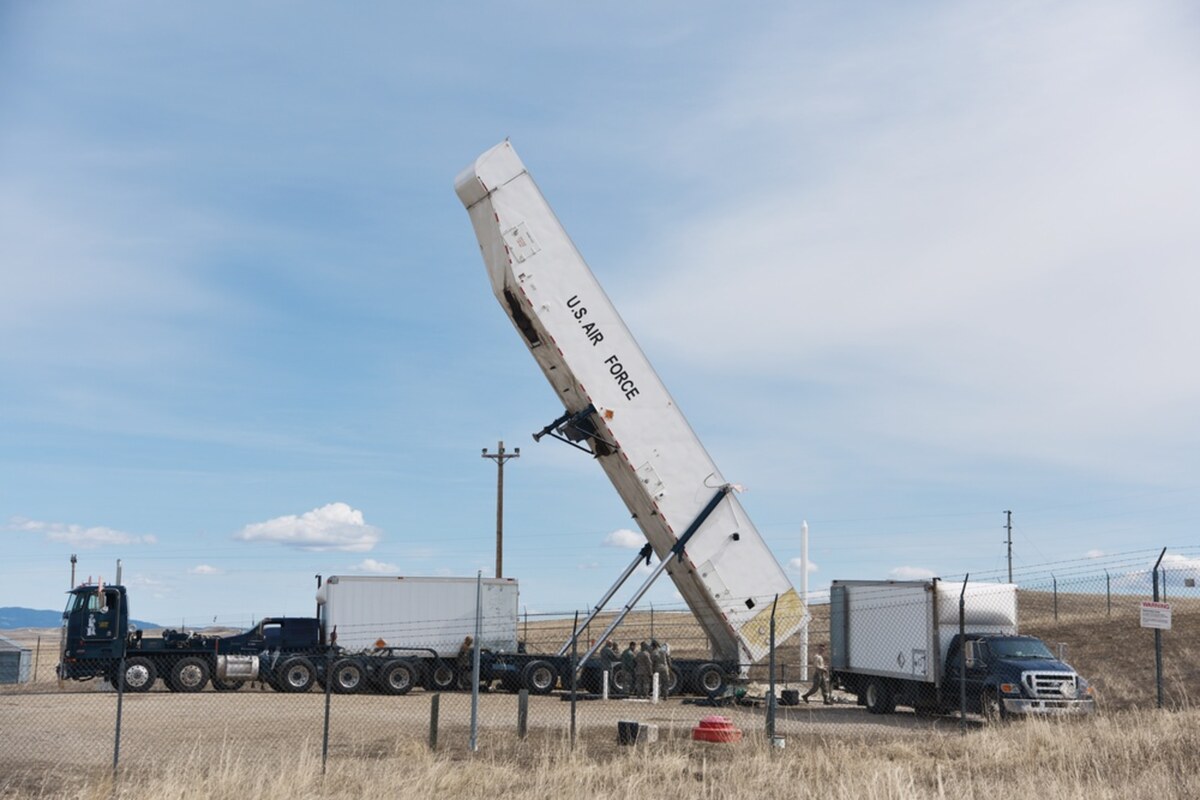 A Minuteman ICBM being handled at a launch facility on the Montana plains near Malmstrom Air Force Base