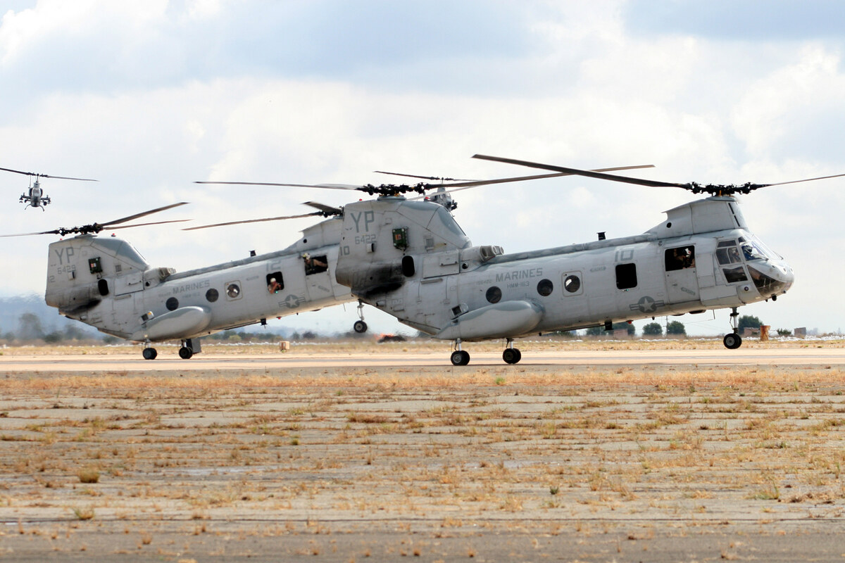 Marine CH-46 Sea Knight helicopters on the flight line at MCAS Miramar, San Diego