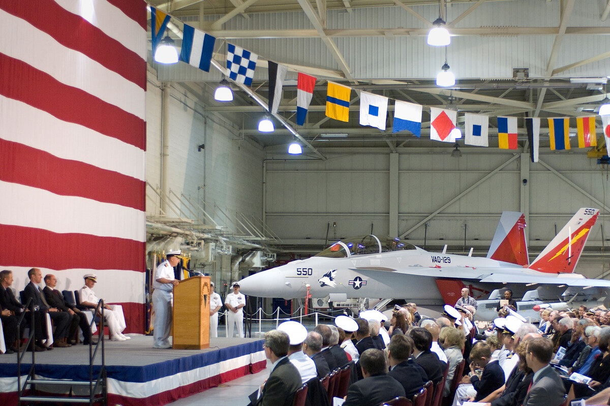 An EA-18G Growler electronic attack aircraft inside a hangar at NAS Whidbey Island, Washington
