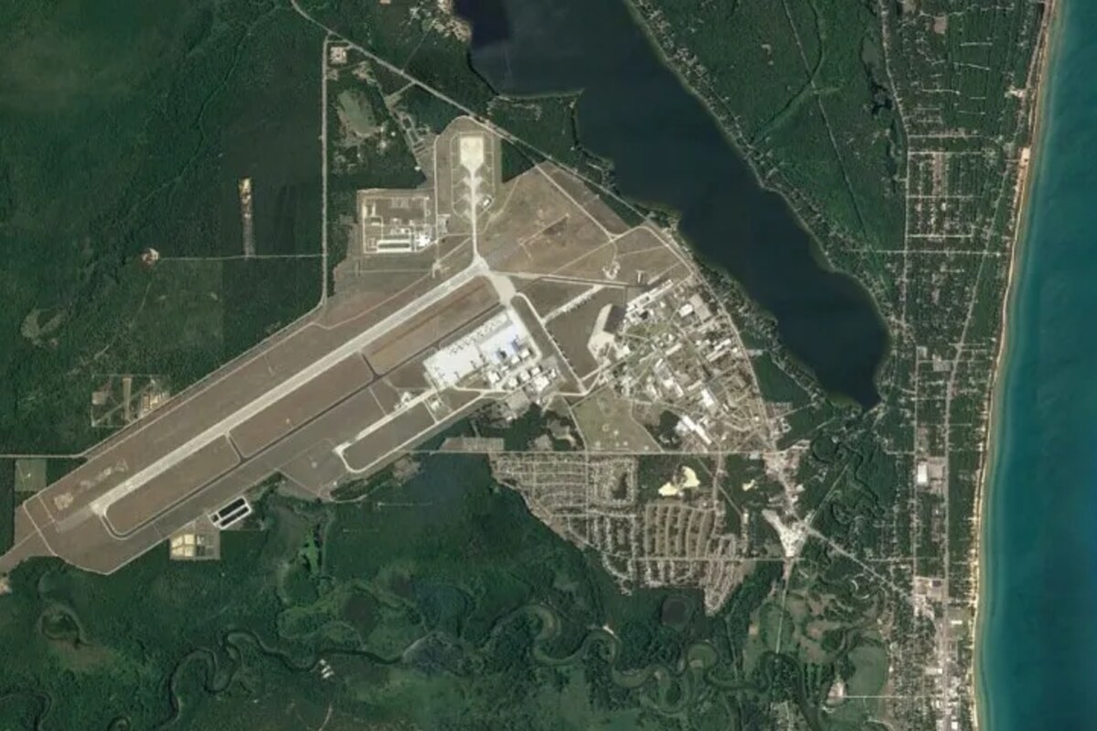 Aerial view of the closed Wurtsmith Air Force Base runway and airfield at Oscoda, Michigan