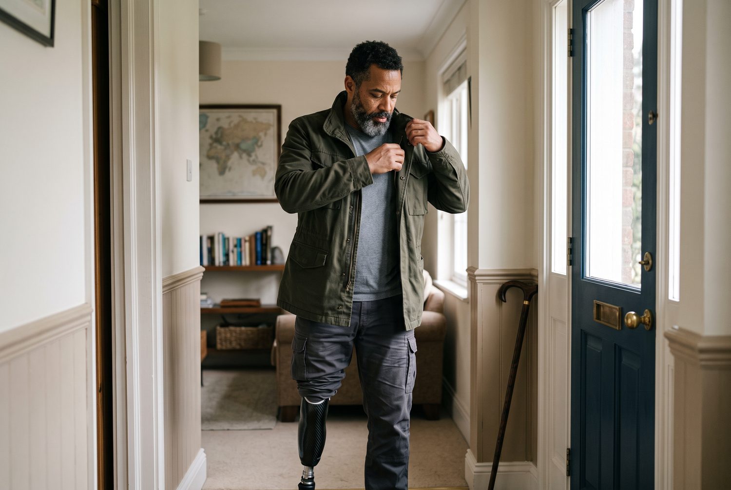 A veteran with a below-knee prosthetic putting on a jacket in his own front hallway