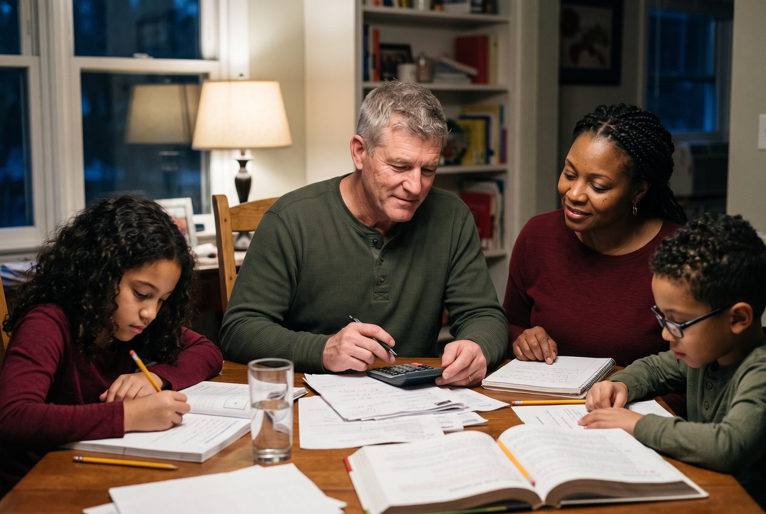 A veteran at the dining table in the evening with his wife and two children doing homework
