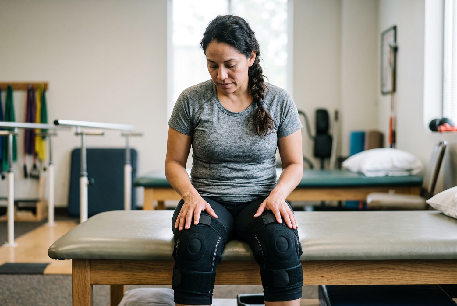 A veteran seated on a clinic bench with both knees braced, looking down at her legs