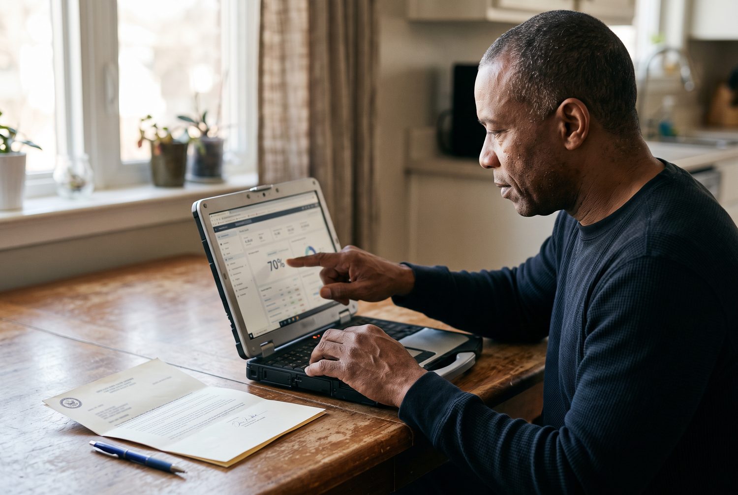 A veteran at his kitchen table tapping a rating percentage on a laptop, a VA decision letter beside him