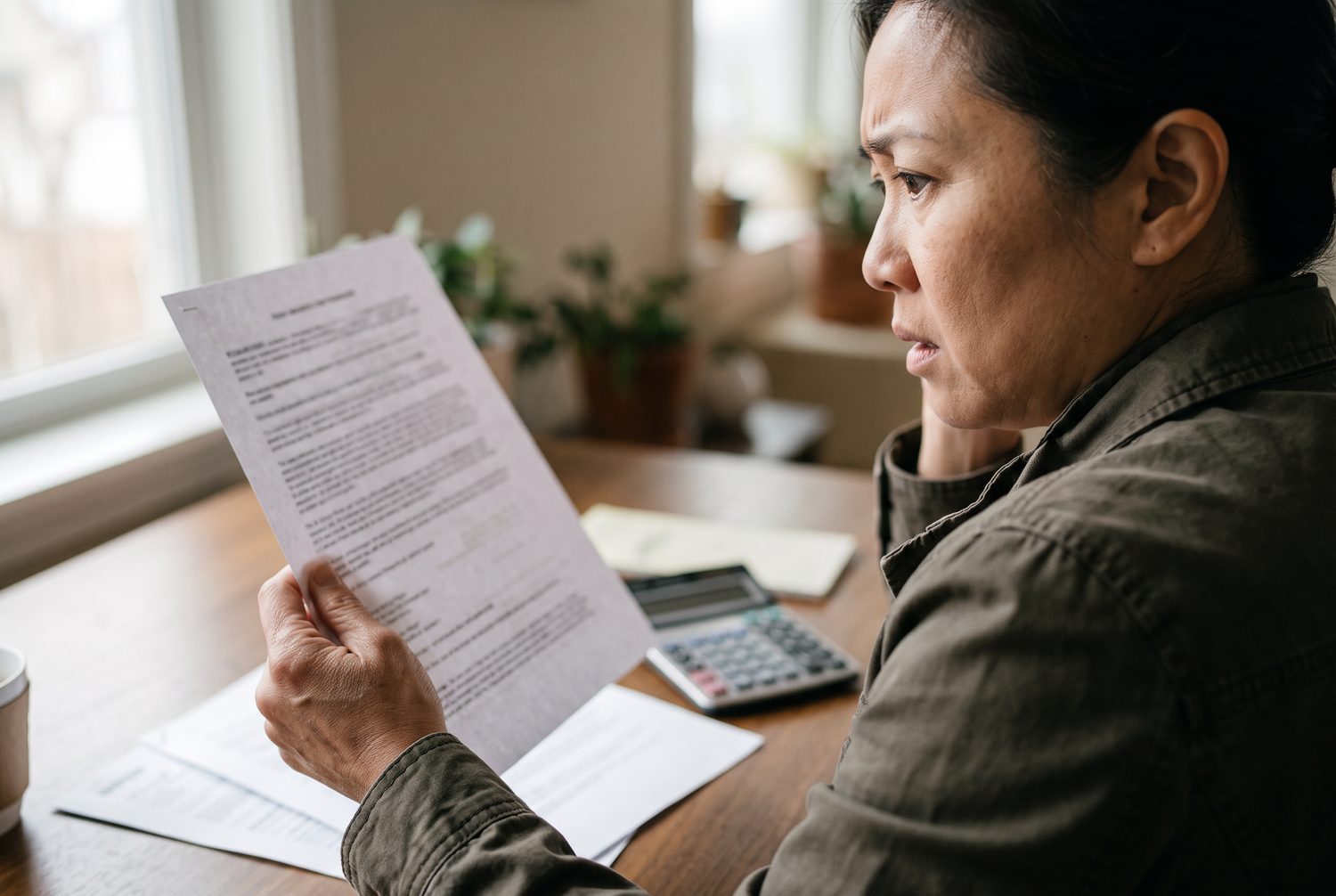 A veteran reading a printed benefits summary and re-checking the number on the page