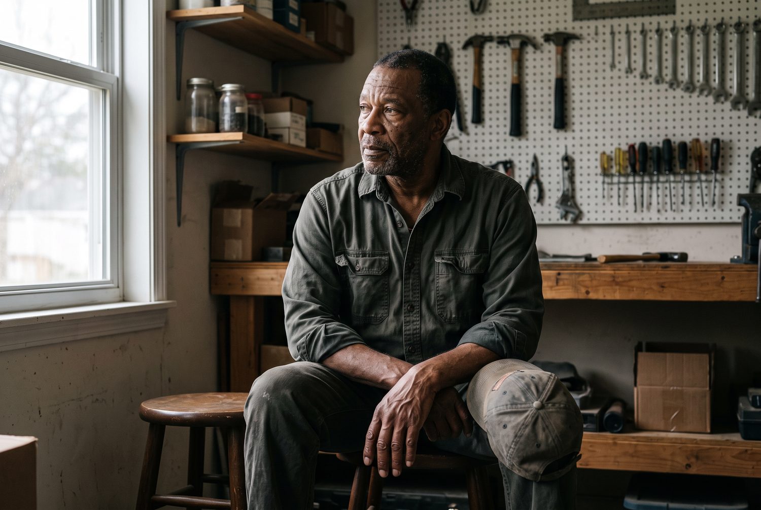 A veteran alone in his home workshop with the tools put away, looking out the window