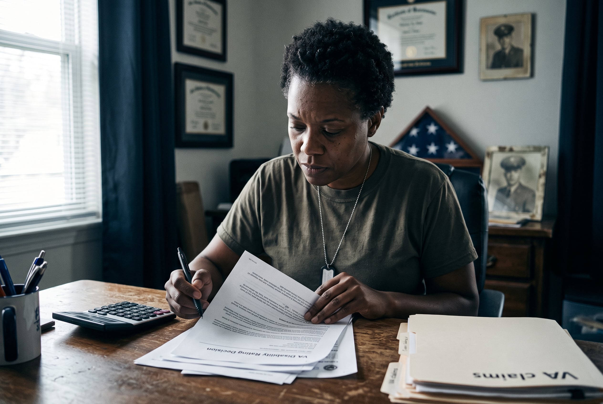 Veteran reviewing a VA disability rating decision and benefit letters at a desk