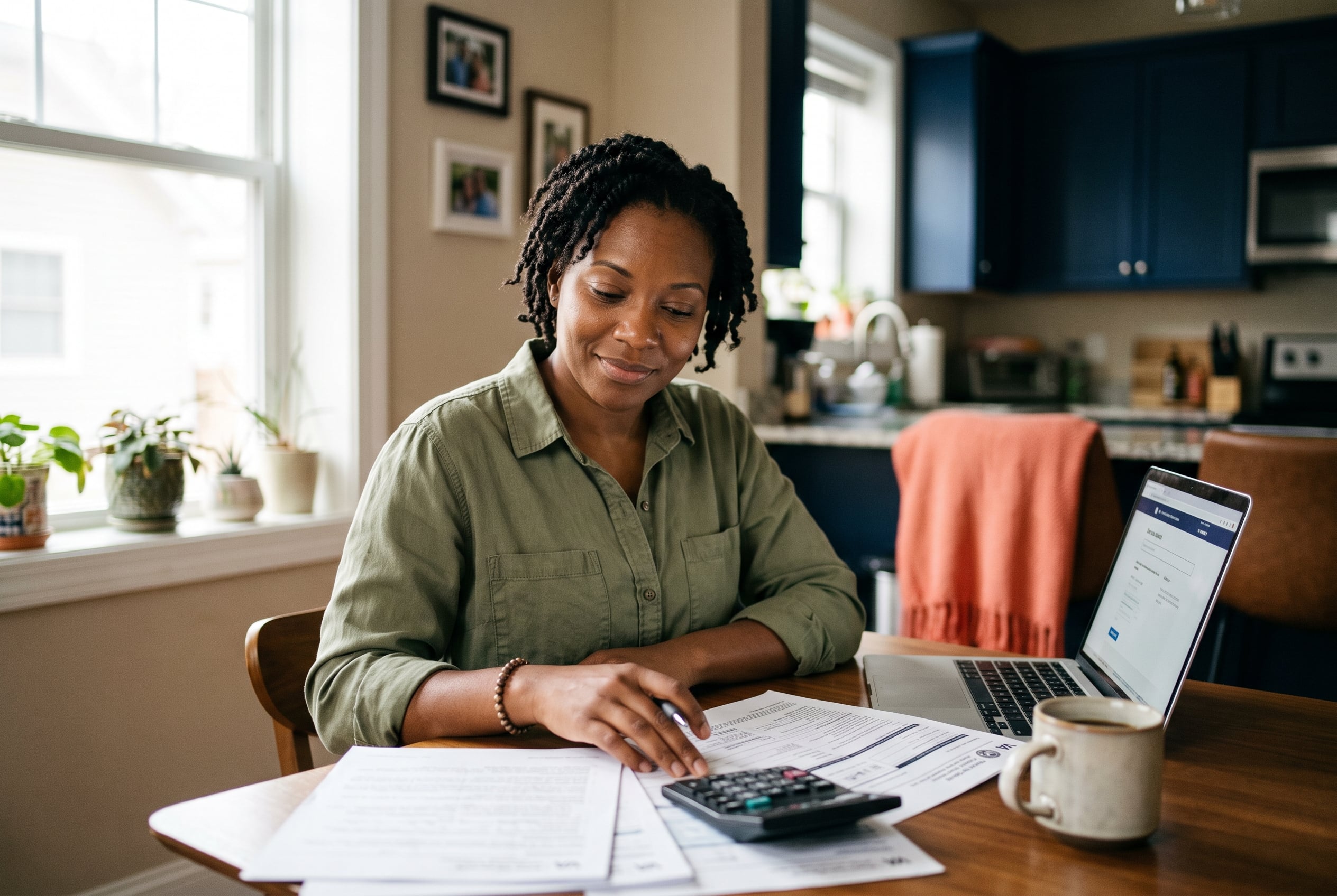 A veteran reviewing VA benefits paperwork with a calculator at home