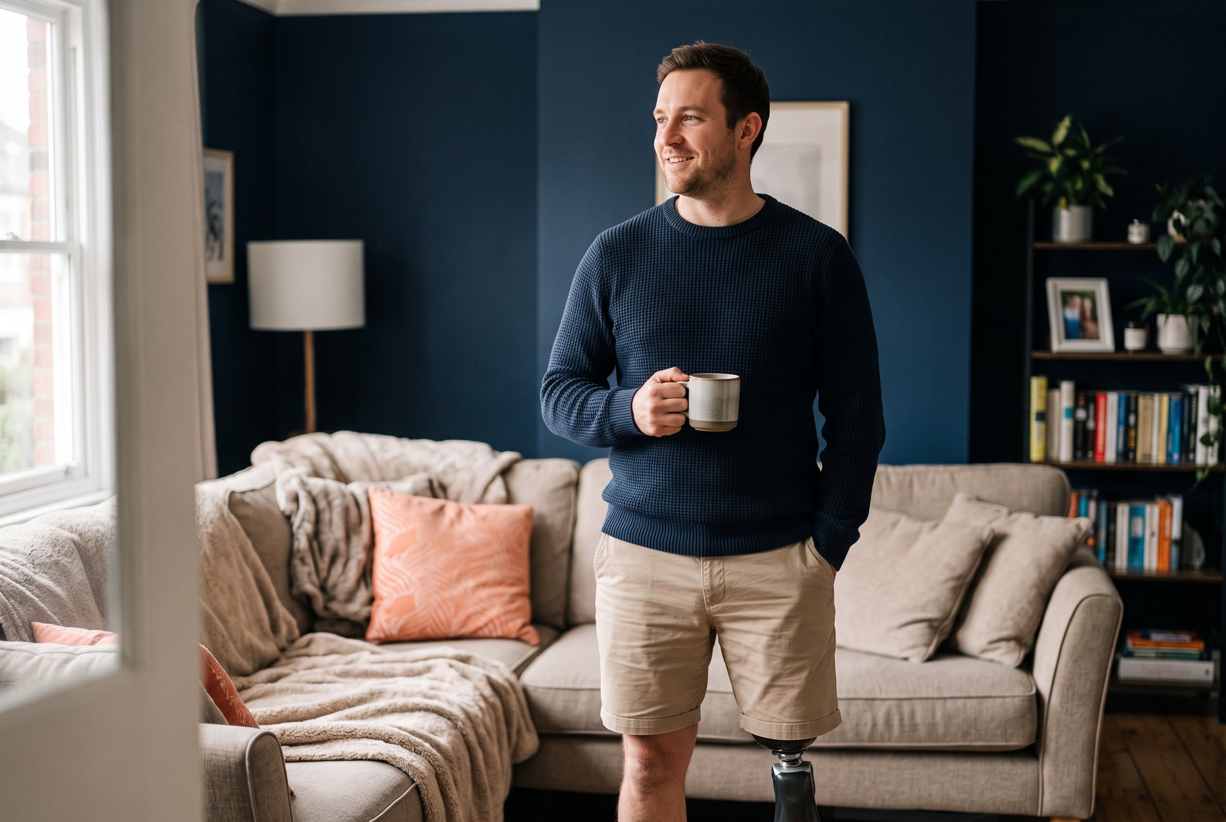 A veteran with a lower-limb prosthetic standing confidently at home
