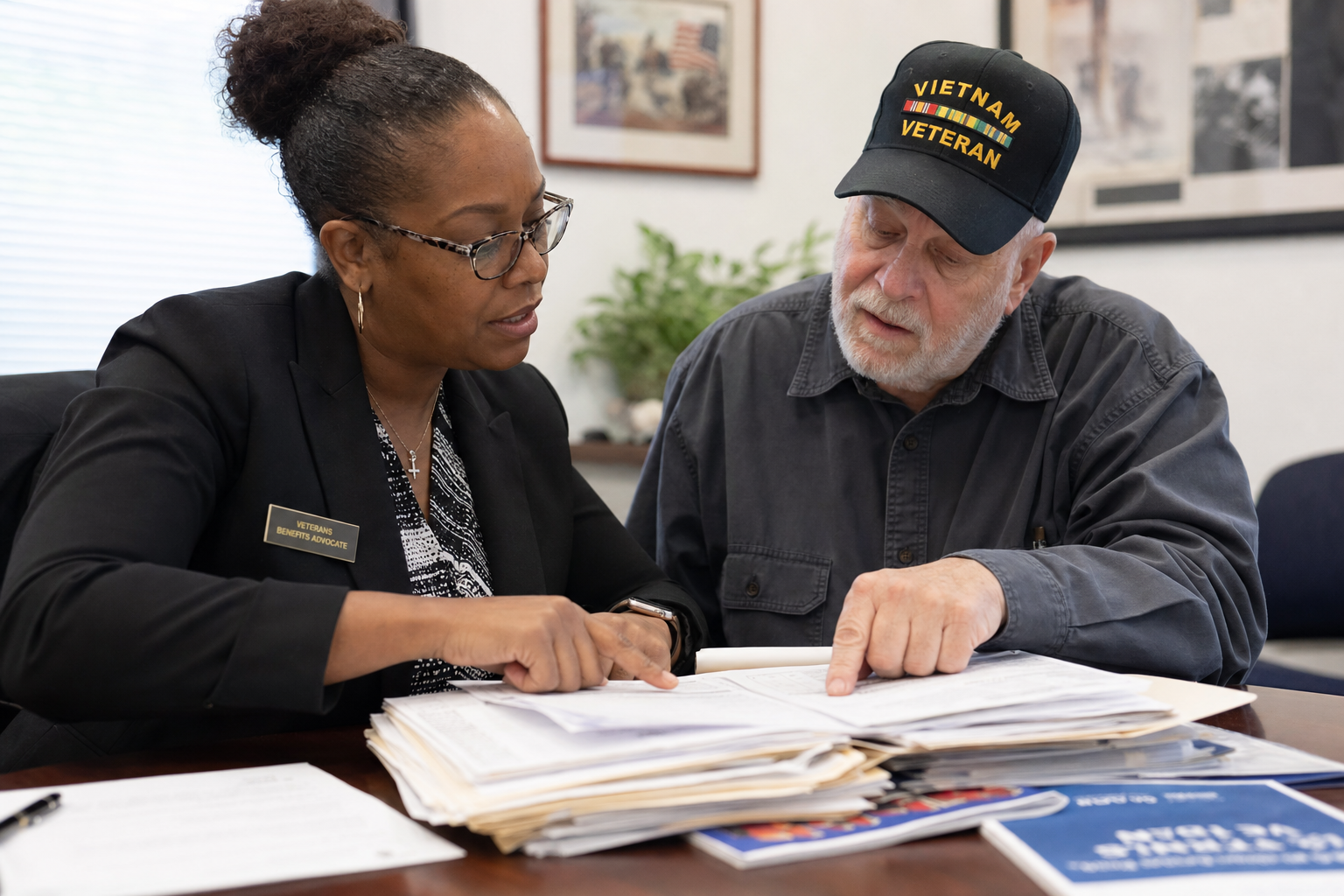 Advocate assembling service records, medical evidence, and statements into an organized claim file