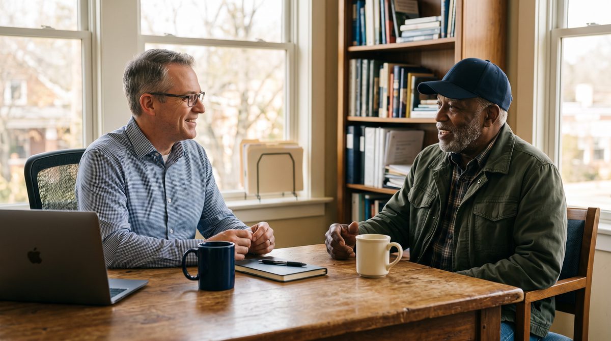 A VA-accredited claims agent talking across a desk with an older veteran in a ball cap, coffee mugs between them, nothing being signed