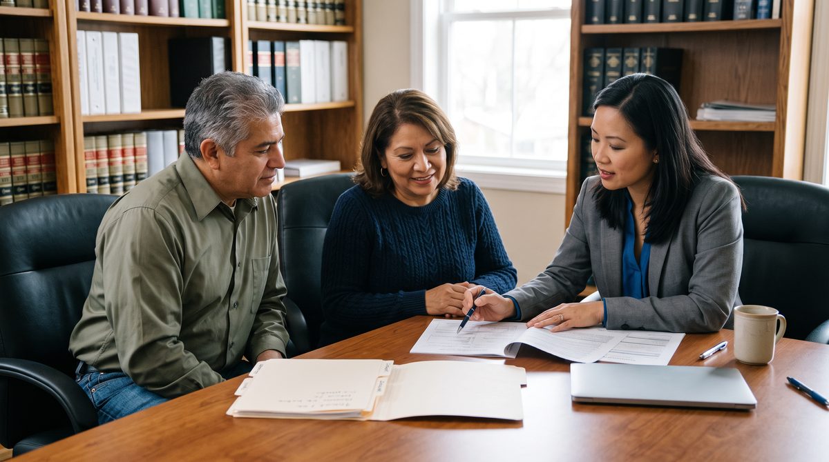 A veteran and his wife at a conference table with an accredited representative pointing to the paperwork in front of them