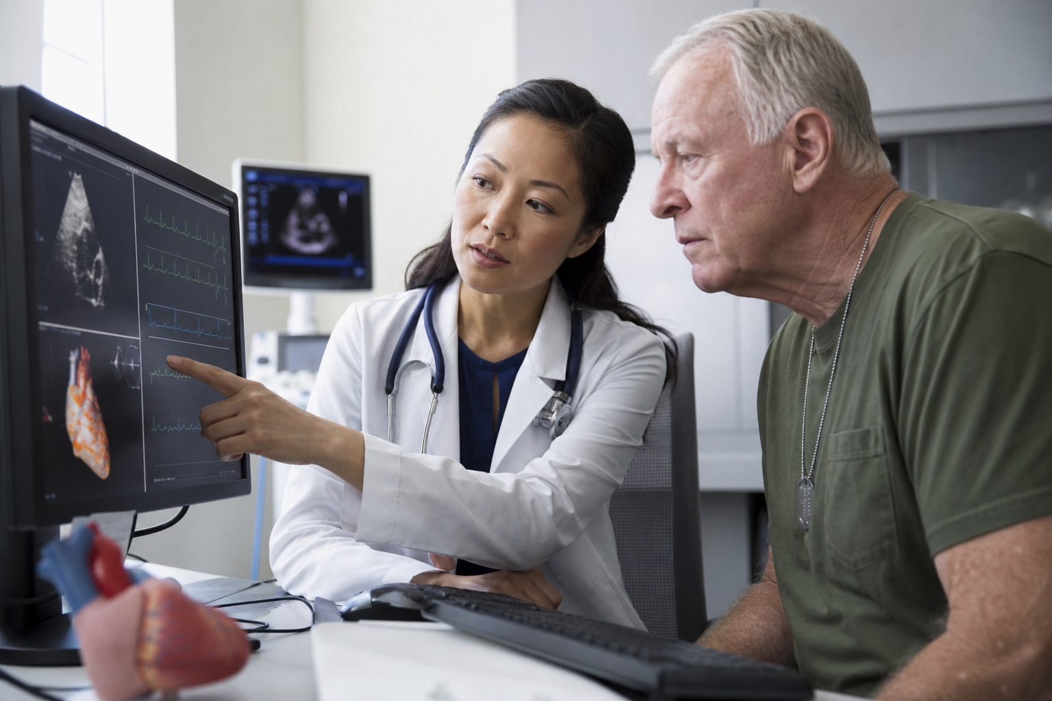 A physician reviewing cardiovascular test results with a veteran