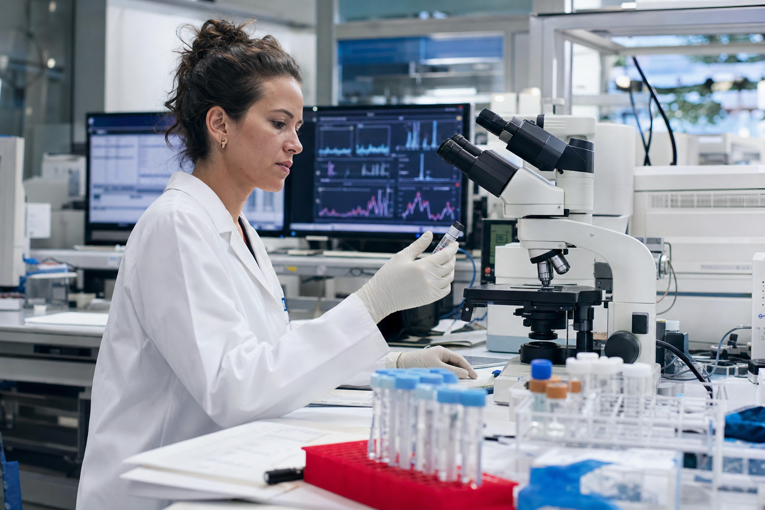 Toxicologist working with substance samples and reference profiles in a laboratory