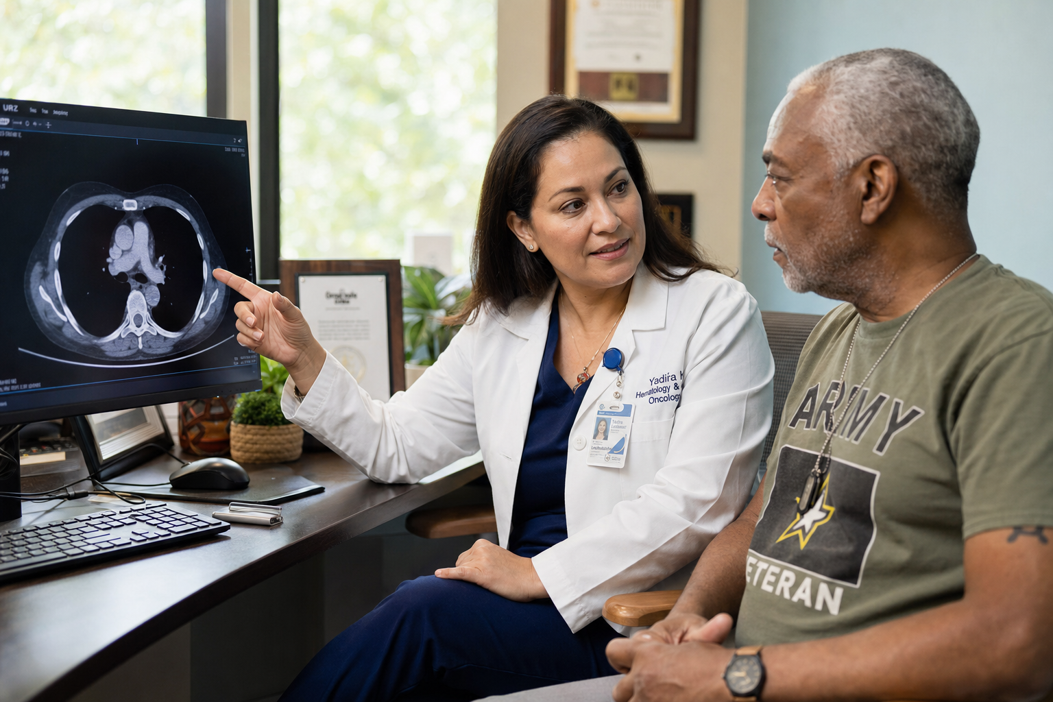 Oncologist reviewing a pathology report and imaging with a veteran patient