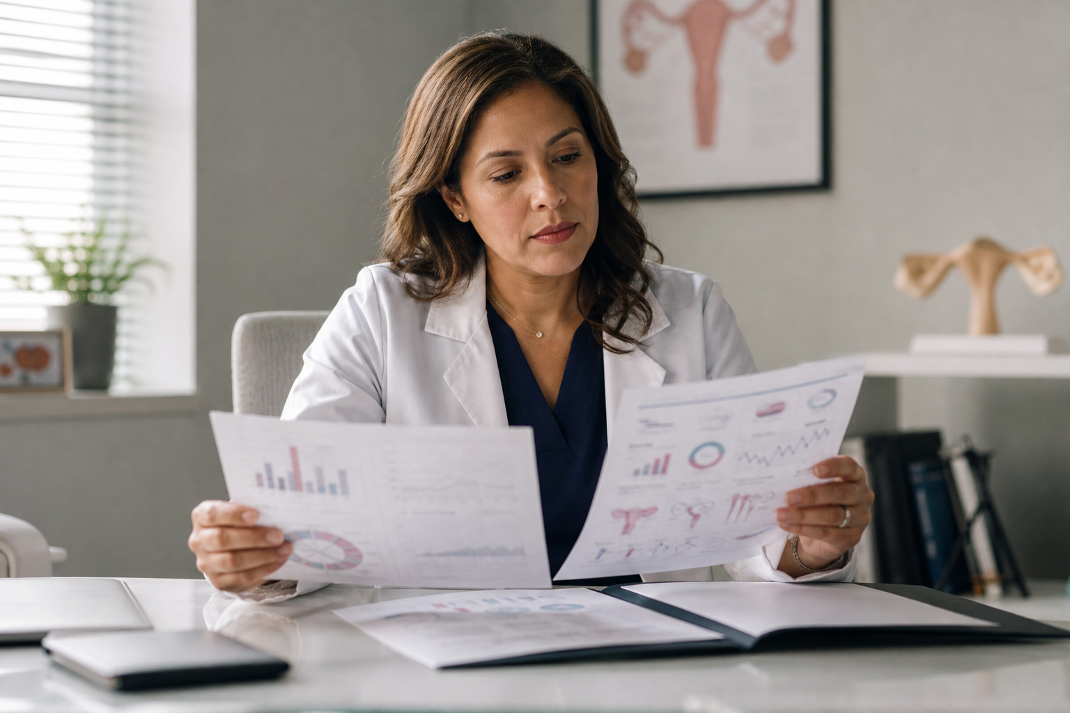 A scientist reviewing endocrine and reproductive health data in a laboratory