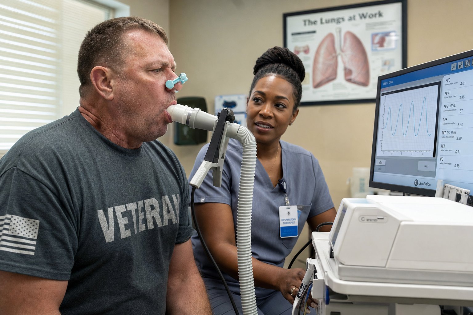 Veteran completing a breathing test with a technician at a pulmonary clinic