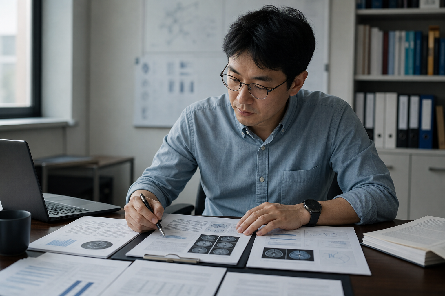 Researcher searching a peer-reviewed medical literature database on a monitor