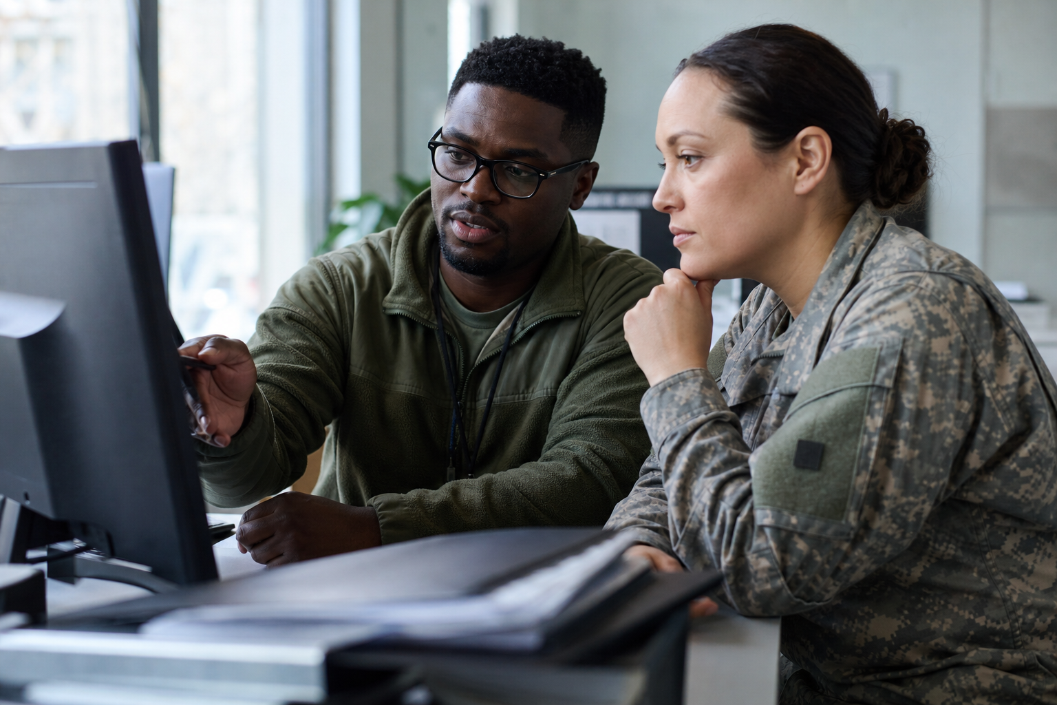 A clinician talking with a veteran during a brief toxic-exposure health screening