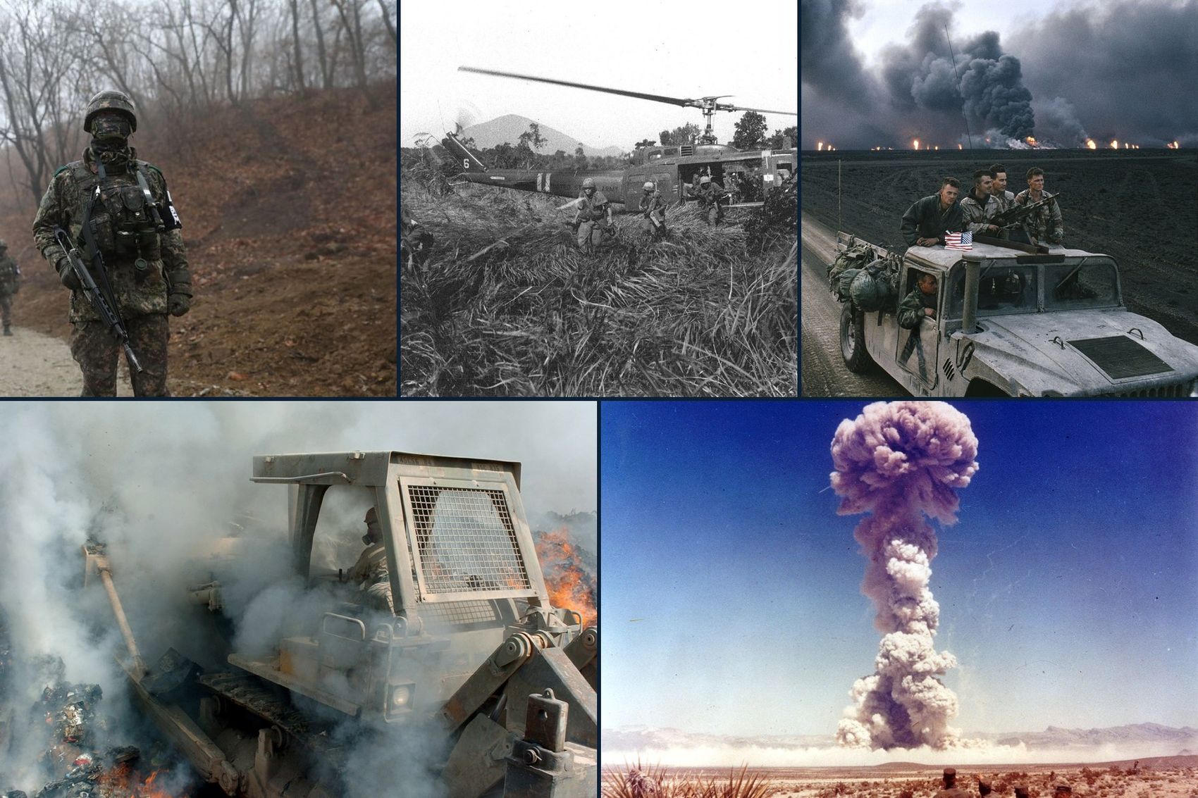 Five archival service photographs: a Korean DMZ patrol, a Vietnam-era Huey insertion, a Gulf War Humvee crew under burning oil-well smoke, a post-9/11 burn-pit bulldozer, and an atmospheric nuclear test