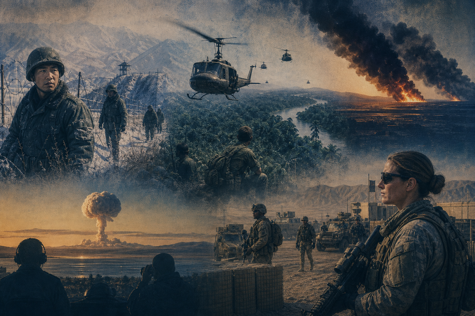 Archival collage spanning Korean, Vietnam, Gulf War, Cold War, and post-9/11 service eras