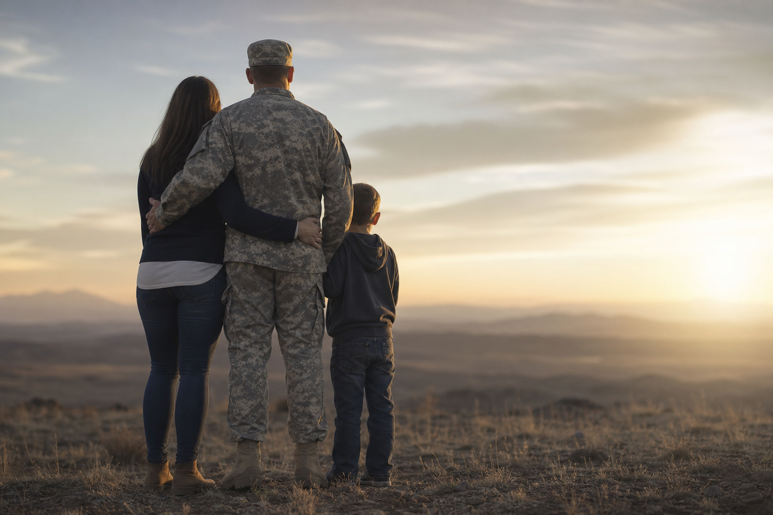 A veteran with a spouse and child looking toward a hazy horizon