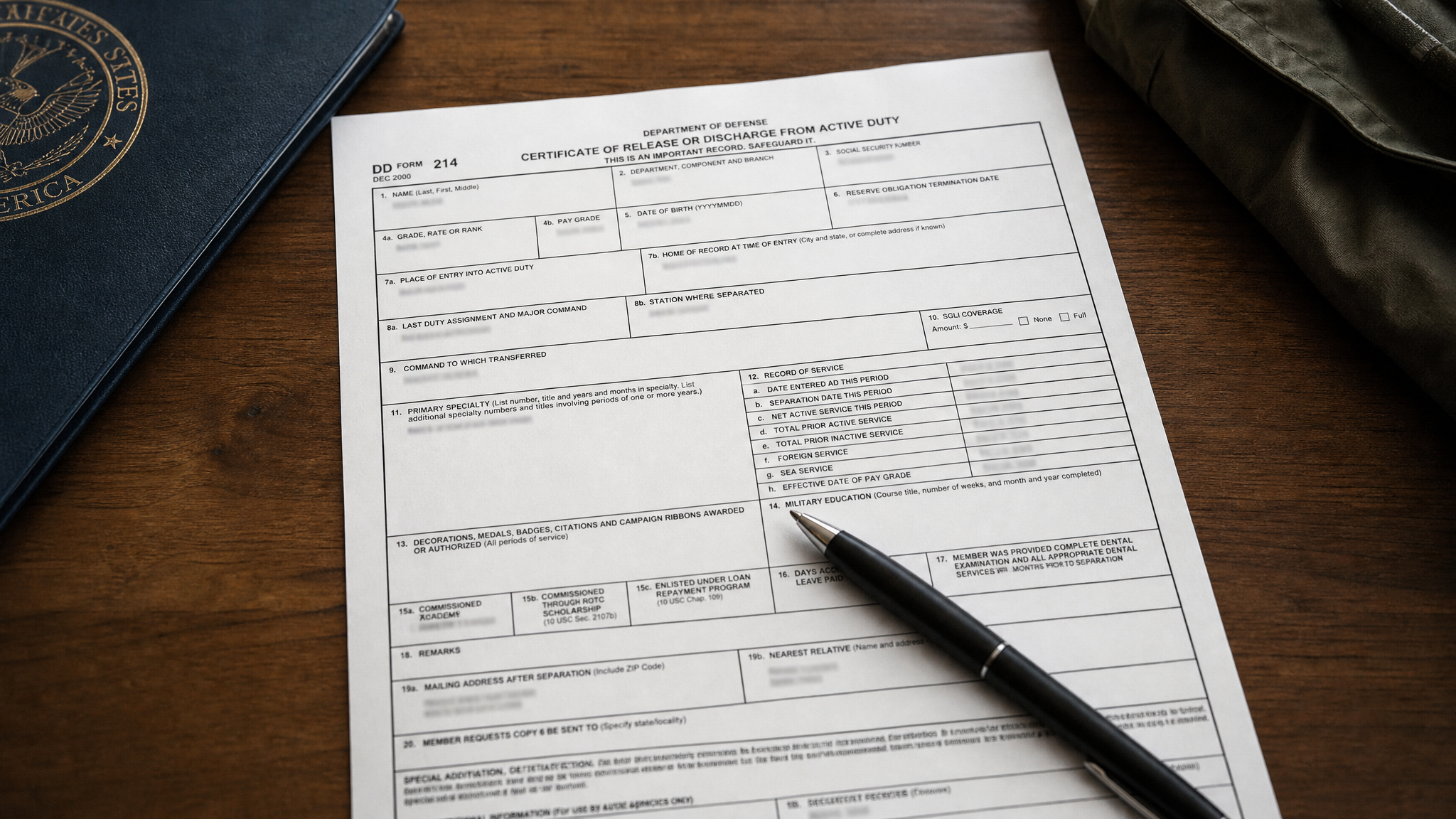 A discharge document open on a desk showing only the primary military job code