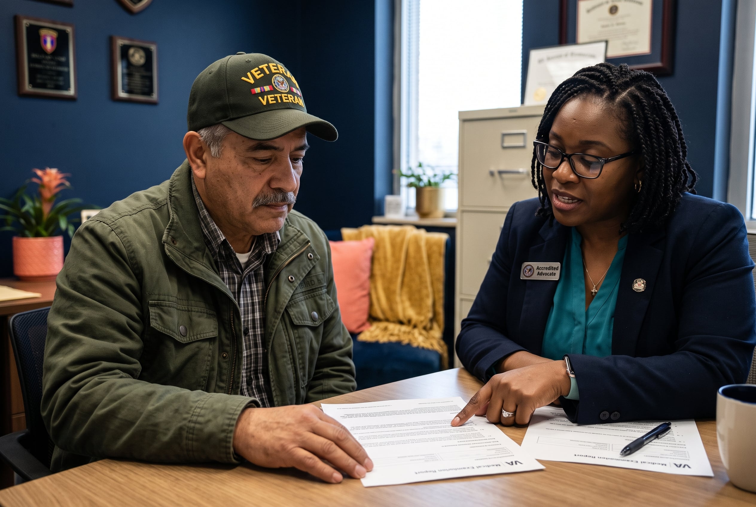 Veteran and advocate auditing a VA examination report