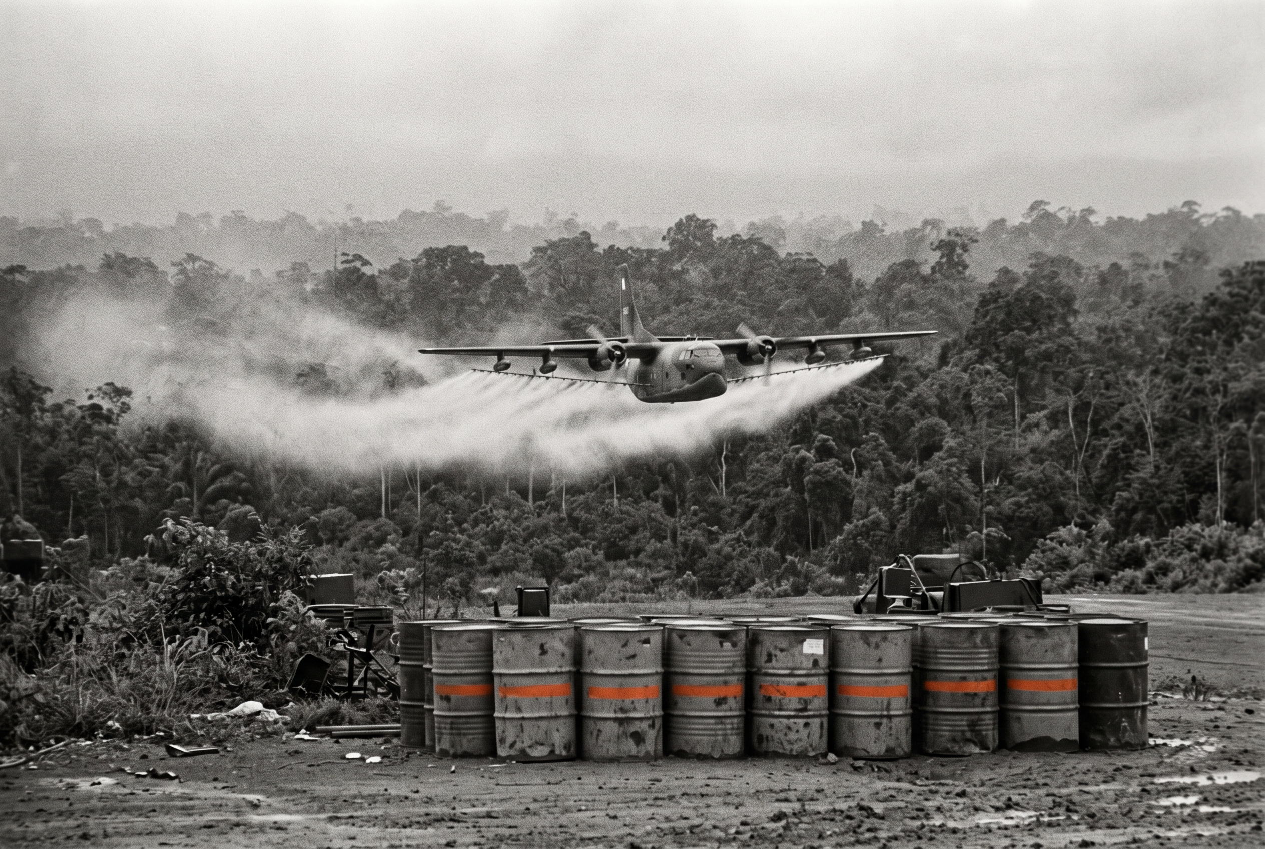 A C-123 aircraft releasing a defoliant spray over dense jungle canopy, with orange-striped chemical drums stacked at a forward airfield
