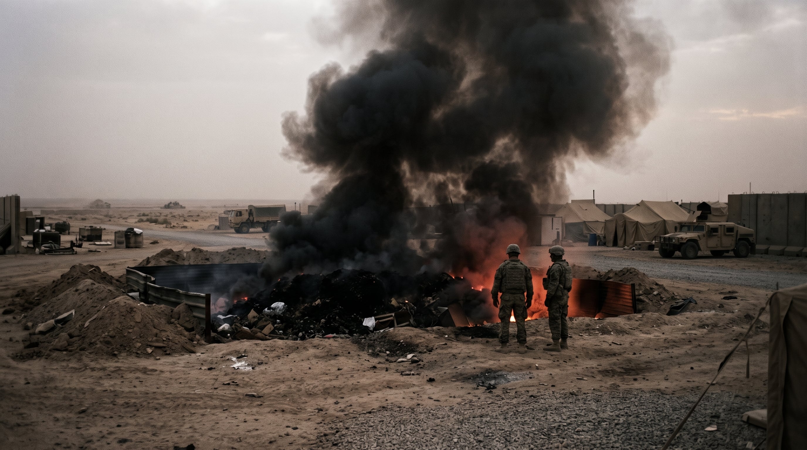 Smoke from an open-air burn pit drifting across a deployed base perimeter