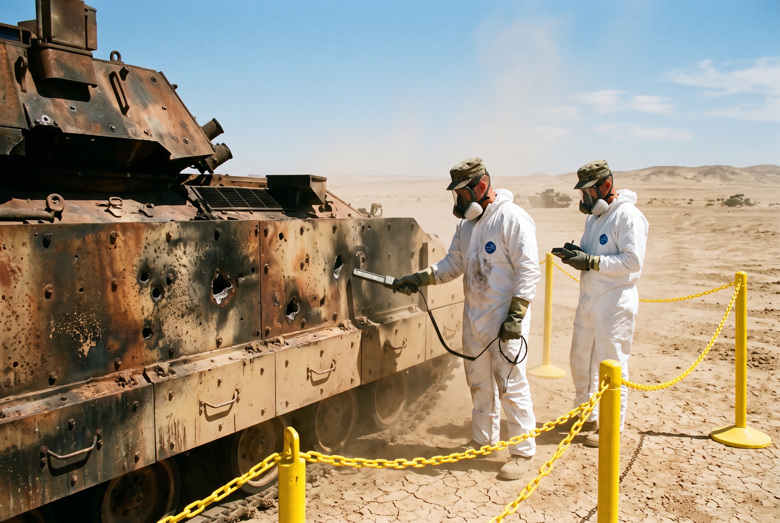 A destroyed armored vehicle in a desert recovery yard with radiological survey equipment nearby