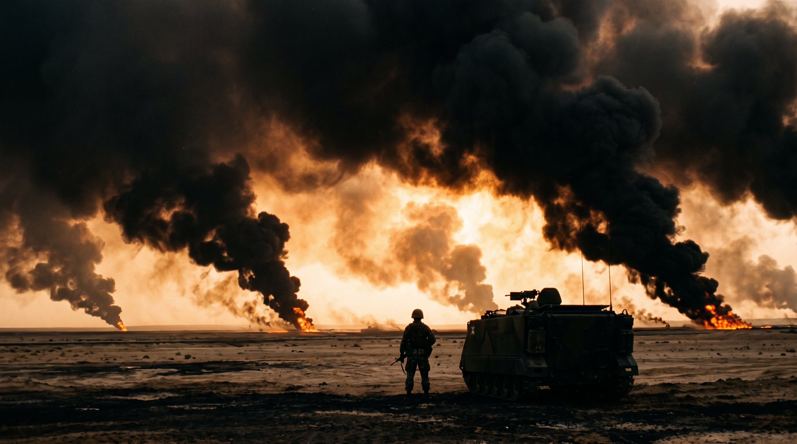 Burning oil well fires over the Gulf War desert