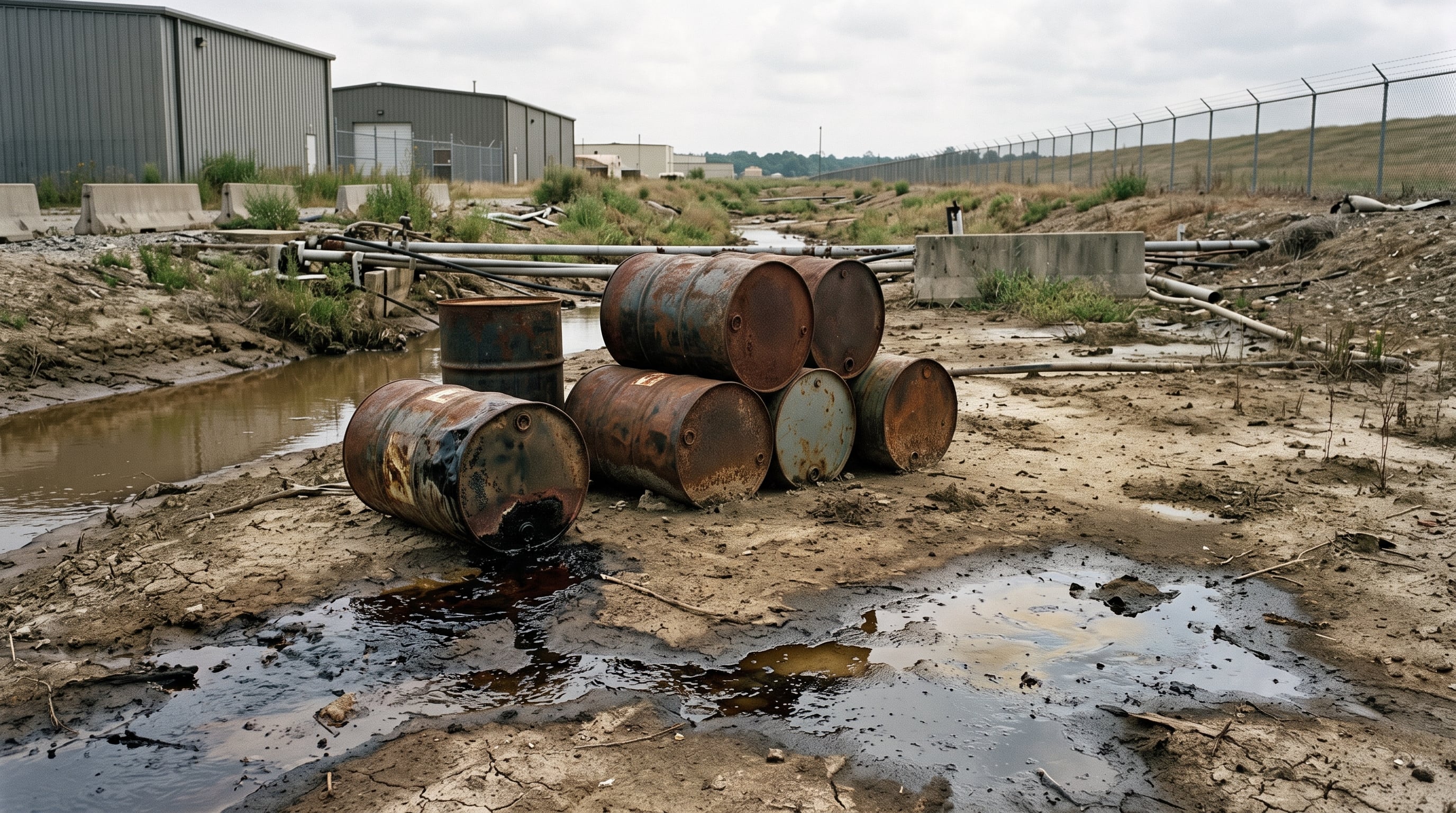 Groundwater monitoring well and cleanup signage at a contaminated federal facility