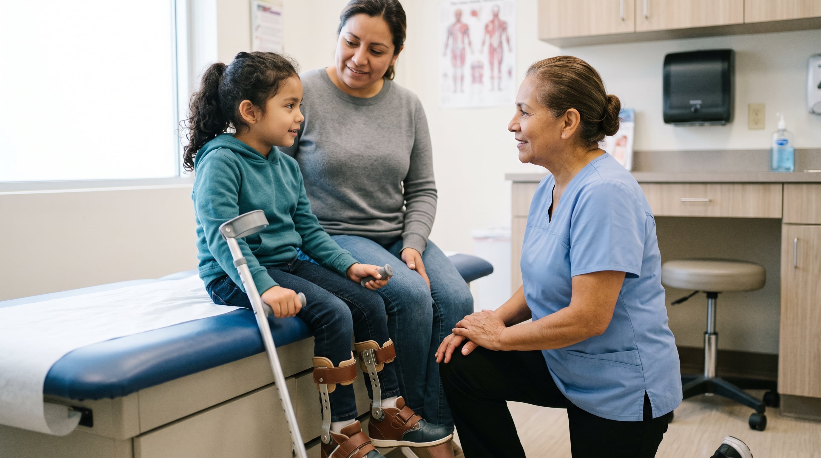 A child of a veteran wearing leg braces sitting with a parent while a nurse kneels to talk with them