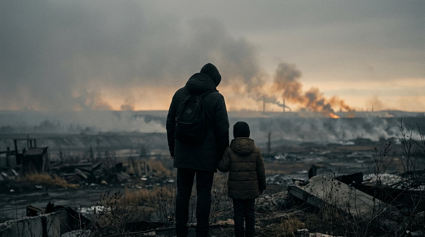 A veteran and their child seen from behind, looking out over a hazy, contaminated horizon