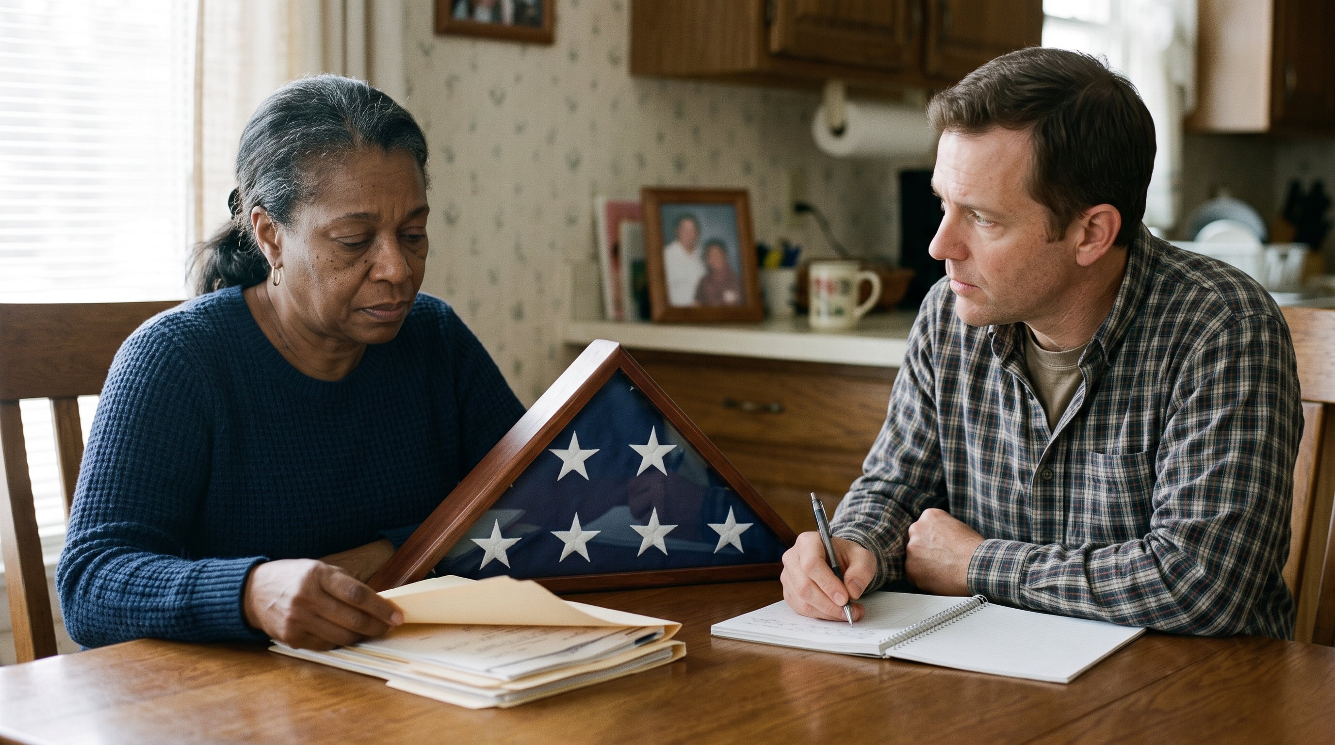 A surviving spouse seated at a table with a cased burial flag and VA paperwork while an advocate takes notes