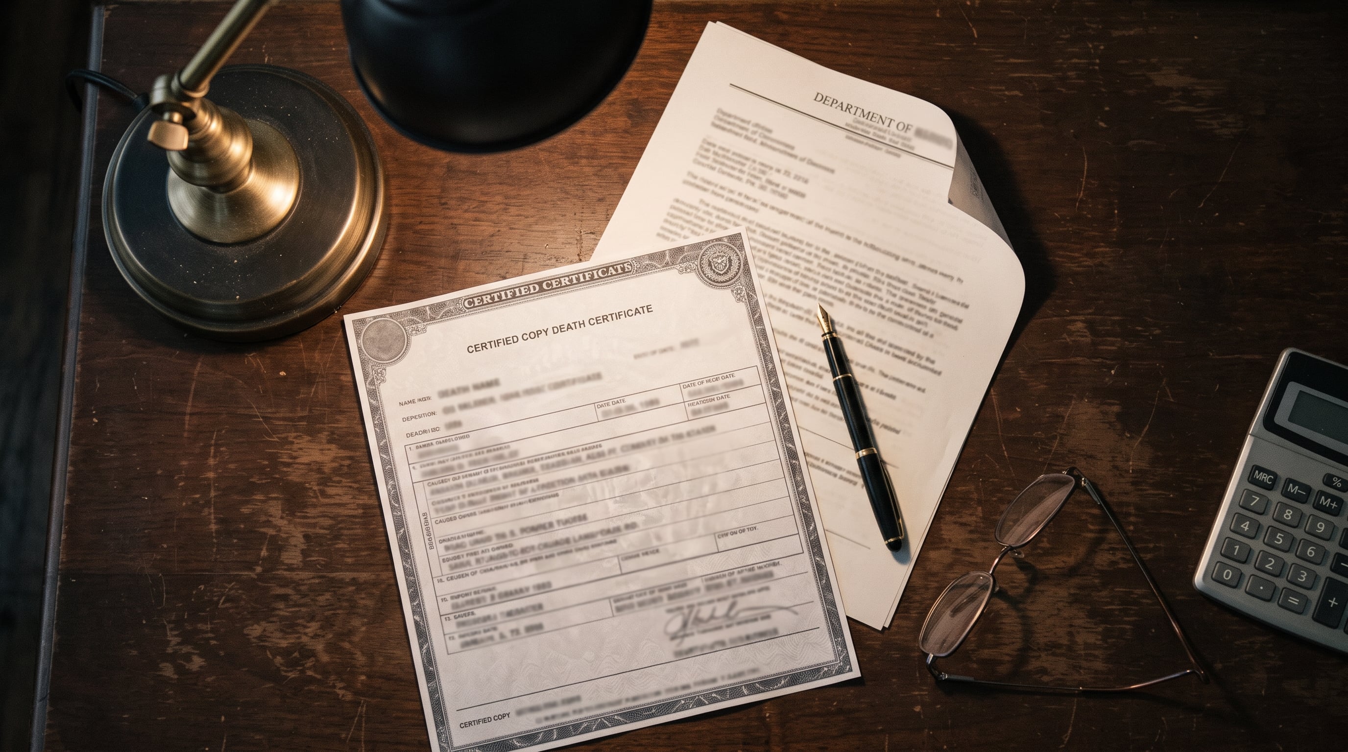 Hands sorting VA payment statements and a death certificate to claim benefits already owed