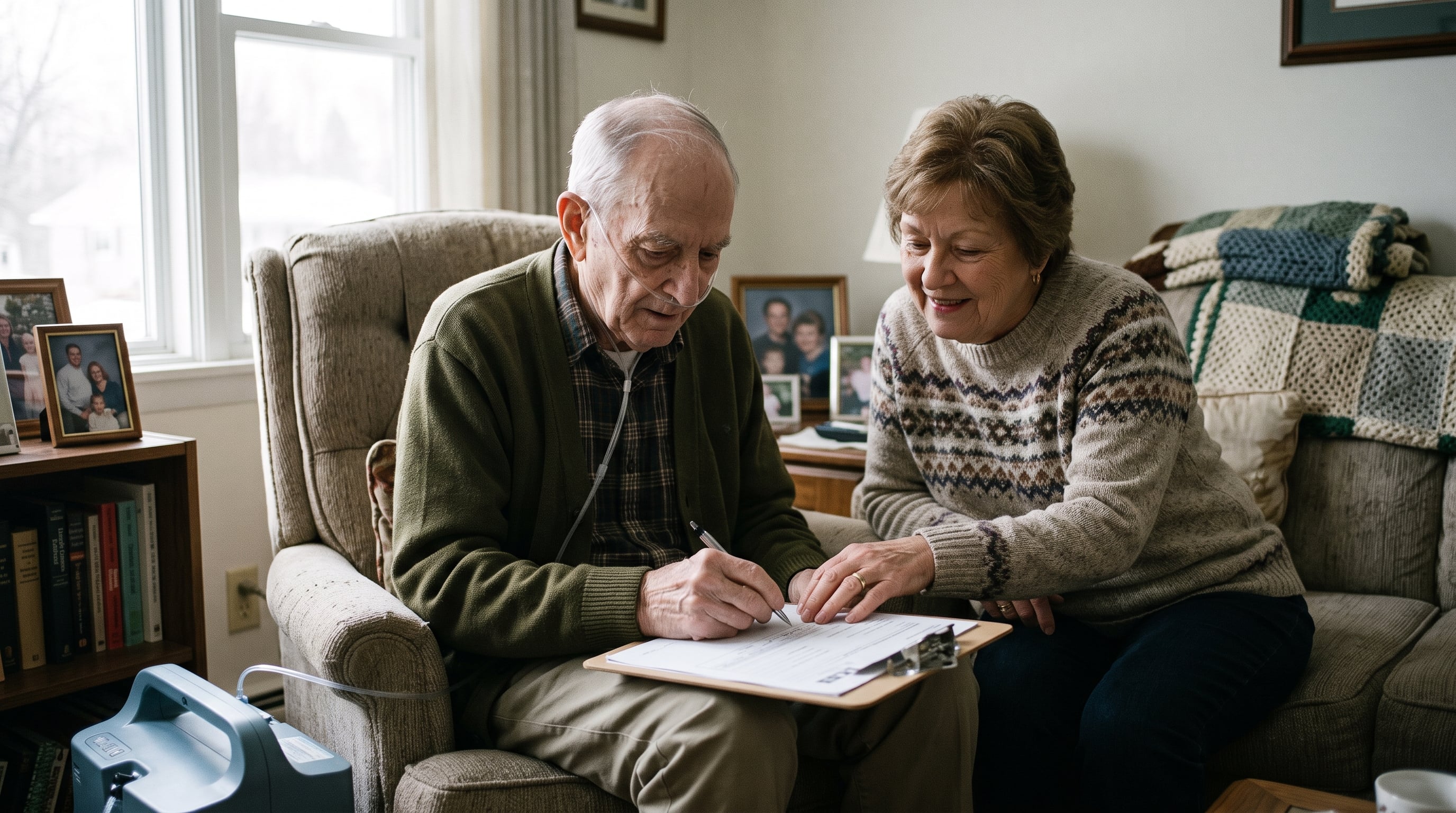 Caregiver steadying a hospitalized veteran's hand while an alternate signer form is completed