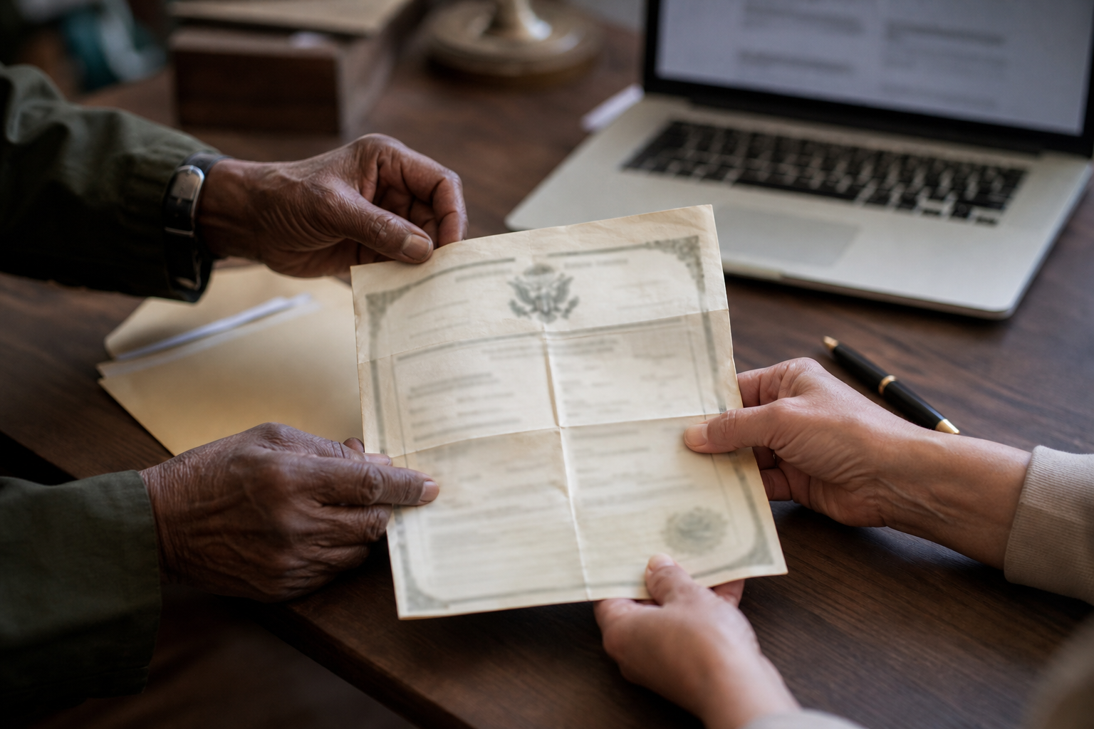 Two family members' hands holding a military service discharge document beside a laptop and folder