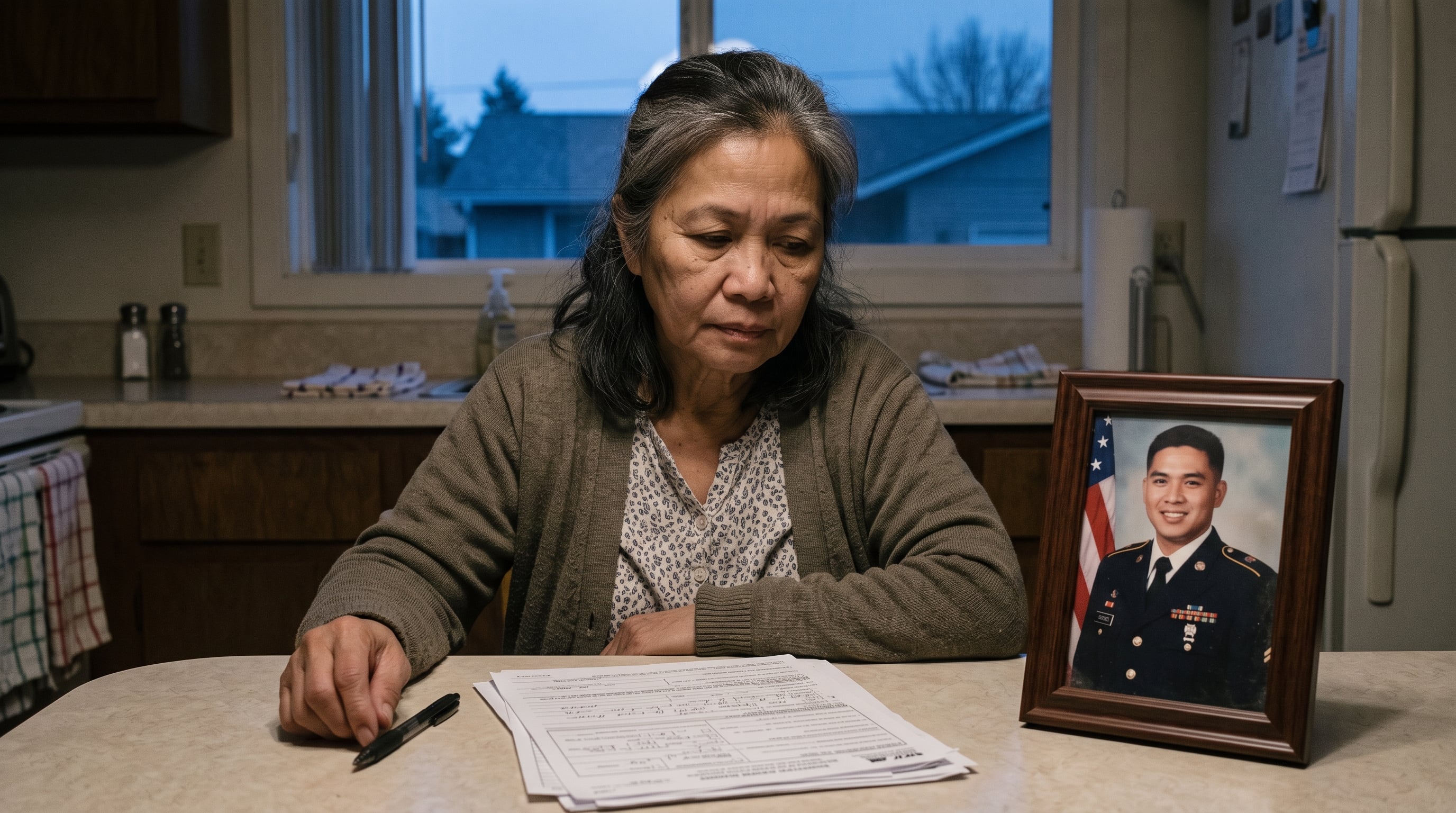 Surviving spouse holding a folded flag and a folder of the veteran's service records